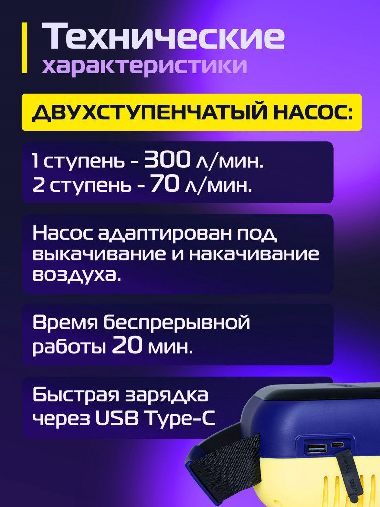 Электрический насос KITAMI KT-708 Plus со встроенным аккумулятором для шин, лодок ПВХ, сапбордов
