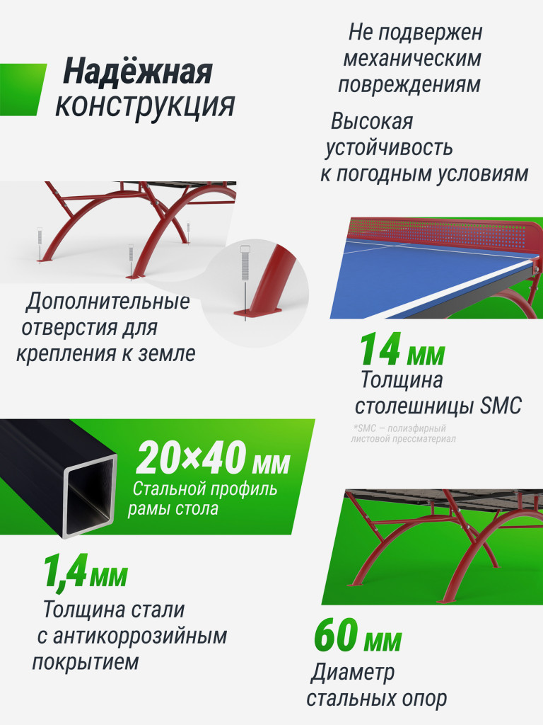 Антивандальный теннисный стол UNIX Line 14 мм SMC синий, красный