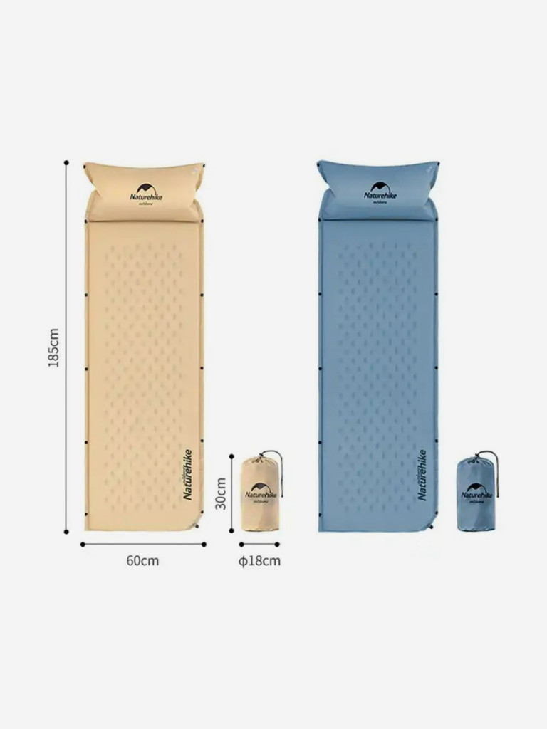 Коврик самонадувающийся с подушкой Naturehike, 185х60х2,5 см, синий