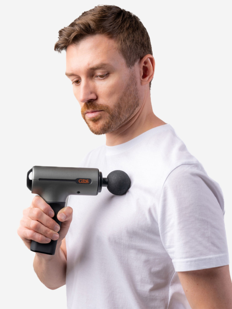 Перкуссионный массажер для тела GESS Revolver Plus, массажный пистолет, ударный, 5 насадок, уникальная насадка с прогревом