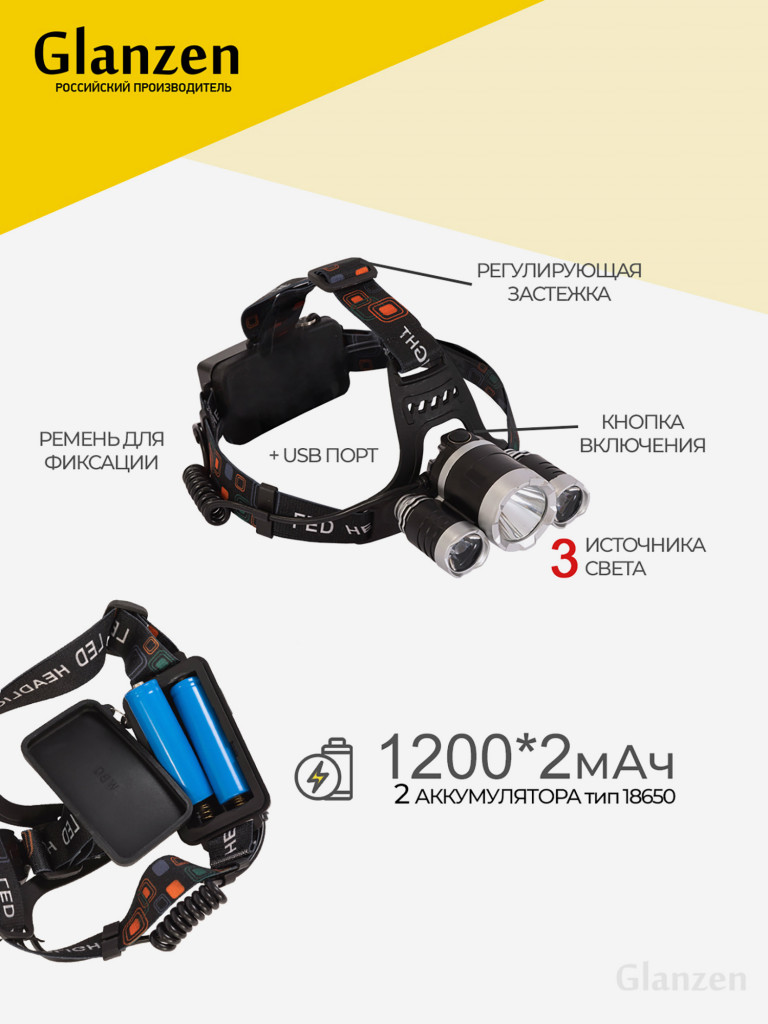 Светодиодный налобный аккумуляторный USB фонарь GLANZEN UFL-0600-V15