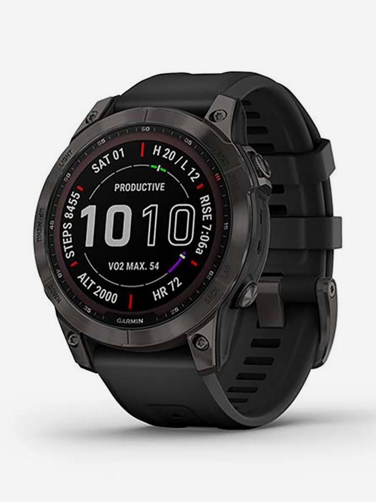 Спортивные титановые наручные часы Garmin Fenix 7 Sapphire Solar Carbon Gray DLC Titanium с силиконовым ремешком