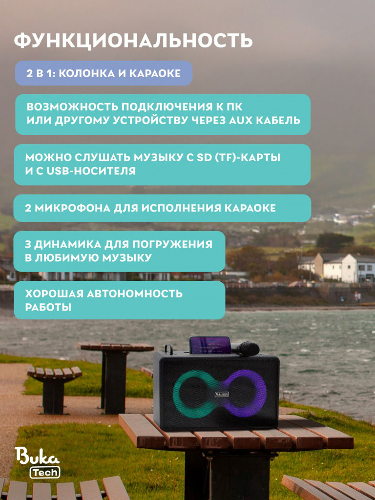 Беспроводная портативная колонка с двумя микрофонами BukaTech Patty Black, 35 Вт