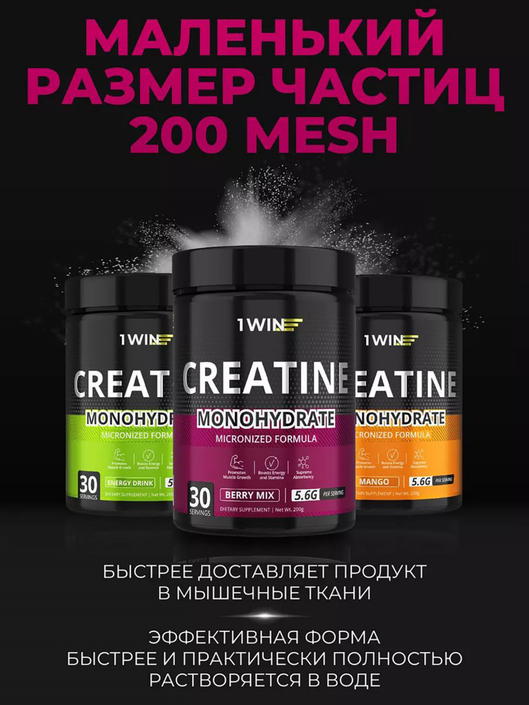 Креатин моногидрат порошок 1WIN вкус ягодный микс, 30 порций