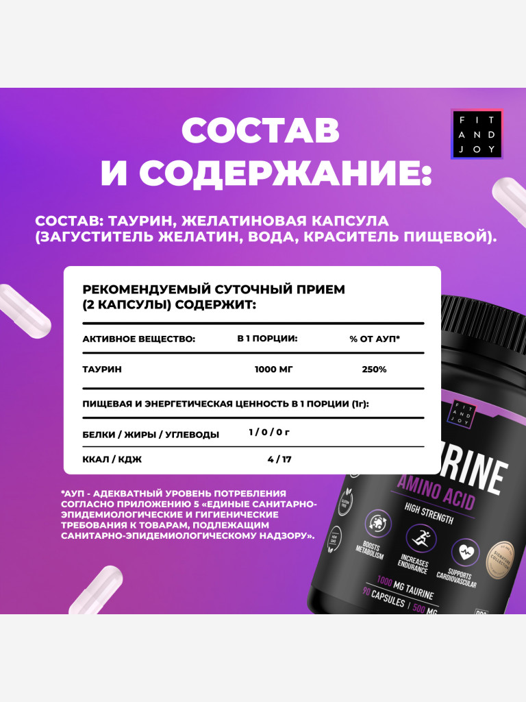 Таурин 1000 в капсулах FIT AND JOY для энергии и выносливости