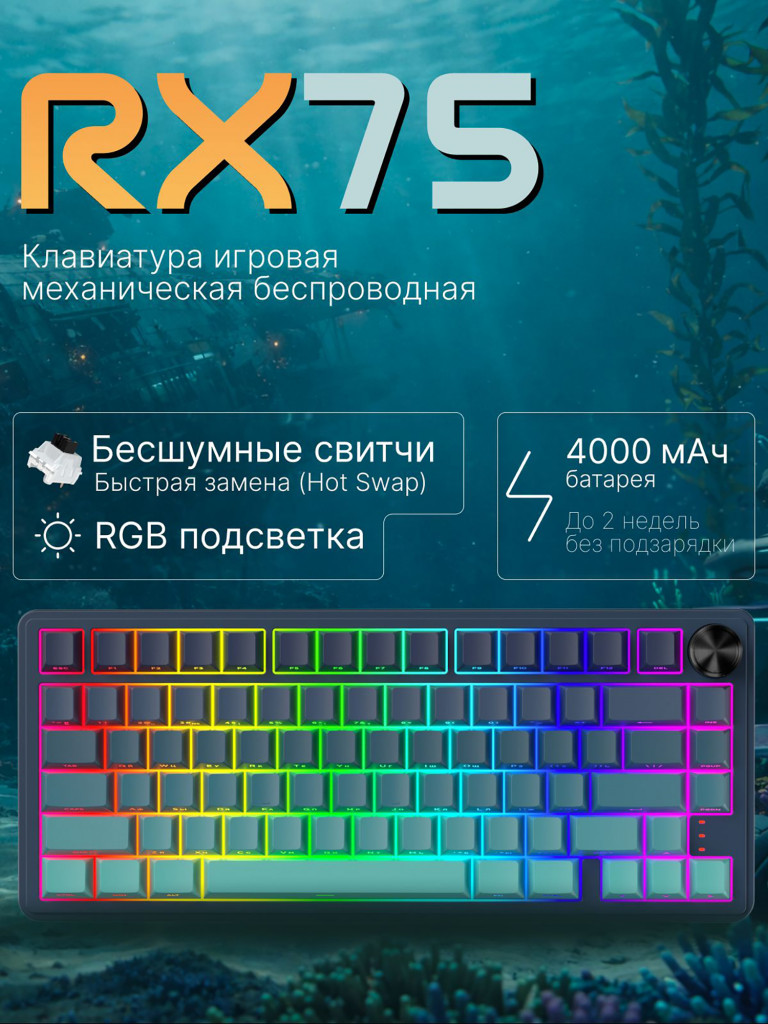 Игровая беспроводная клавиатура CYBERLYNX RX75 Pro Тиффани Блю Mute Switch