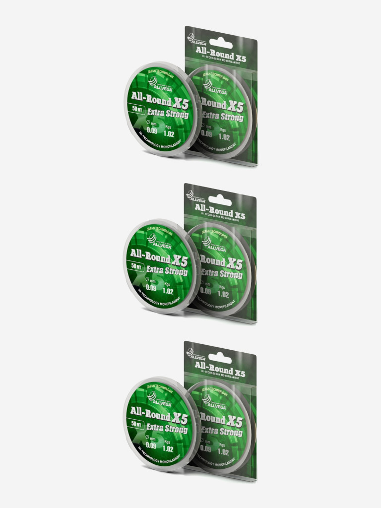 Леска монофильная ALLVEGA "All-Round X5" набор 3 штуки по 50м 0,09мм (1,02кг) прозрачная
