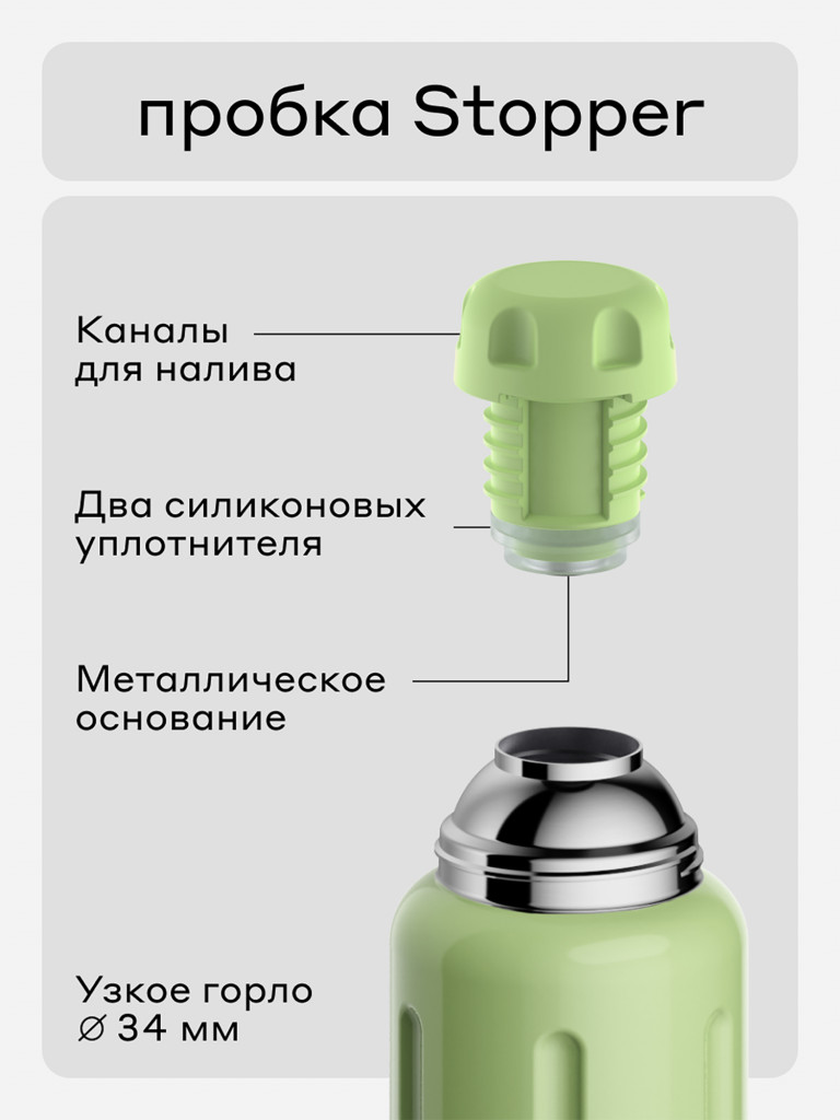 Термос вакуумный для напитков BOBBER Flask 1 литр пробка с наливными каналами, тепло до 48 часов, мятный