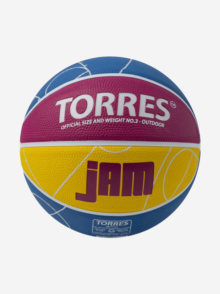 Мяч баскетбольный TORRES Jam, B023123, р.3, резина, нейлон. корд, бут. кам., син-желто-малиновый
