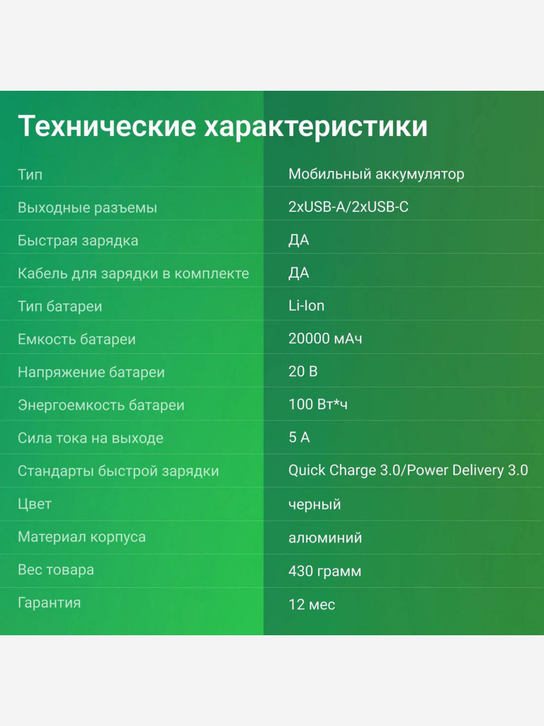 Мобильный аккумулятор DIGMA DGPD100WA, DGPD20A100ABK