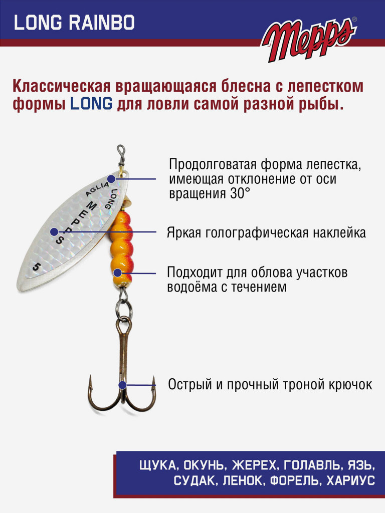 Блесна вращающаяся для рыбалки Mepps LONG RAINBO на щуку, окуня