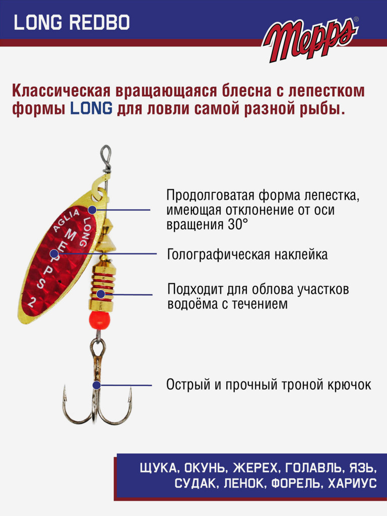Блесна вращающаяся для рыбалки Mepps LONG REDBO на щуку, окуня