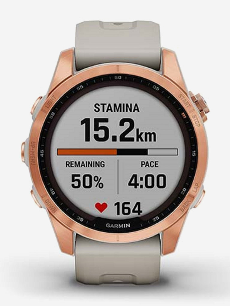 Часы Garmin Fenix 7S Solar с технологией солнечной зарядки, розовое золото с песочным силиконовым ремешком 010-02539-11