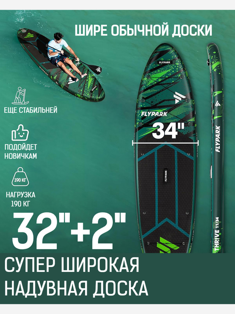 Надувная двухслойная SUP-доска FLYPARK THRIVE GREEN STD, 11' 335*86*15 см, сапборд