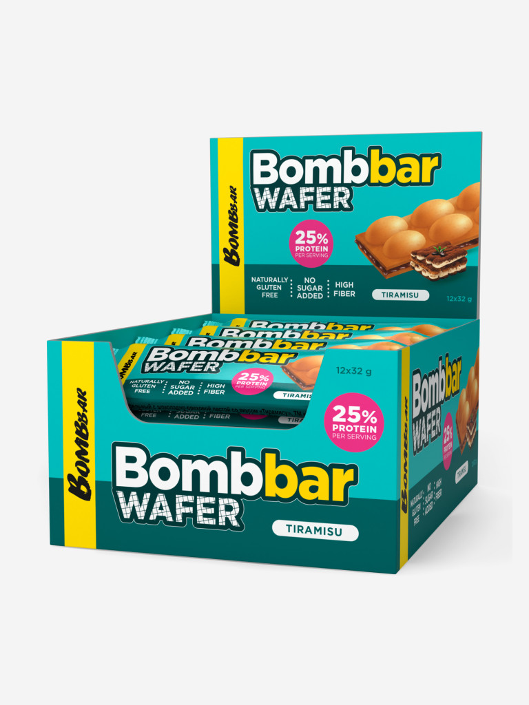 Протеиновые вафельные батончики 12 шт. Bombbar без сахара "Тирамису", 32г. х 12шт.