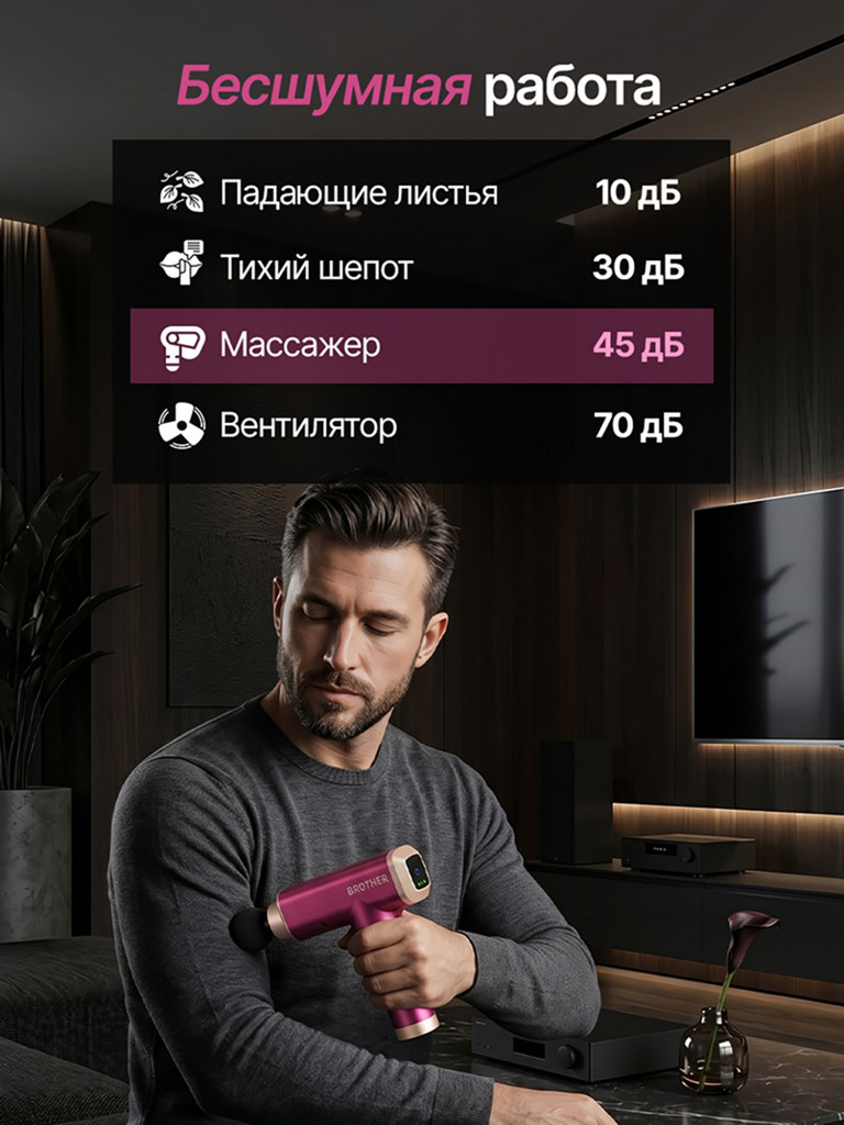 Перкуссионный массажер для тела, шеи и спины DFC VM-BR Фуксия, 6 насадок