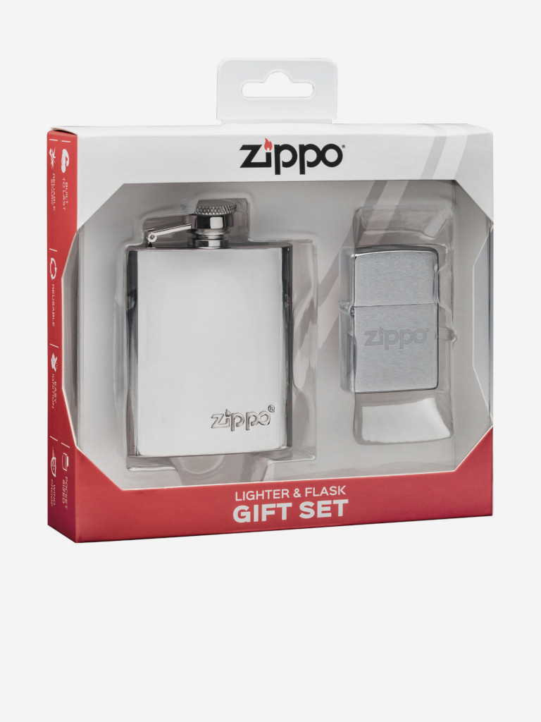 Подарочный набор ZIPPO: Ветроустойчивая зажигалка Zippo Brushed Chrome и фляжка 89 мл
