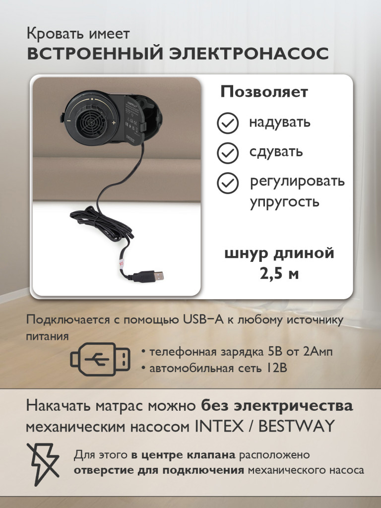Кровать надувная Intex 64426ND с встроенным насосом 220В 99х191х46 см