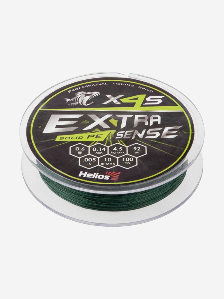 Шнур плетеный для рыбалки Helios Extrasense X4S PE, 92м, 0,14мм, 4,5кг, зеленый