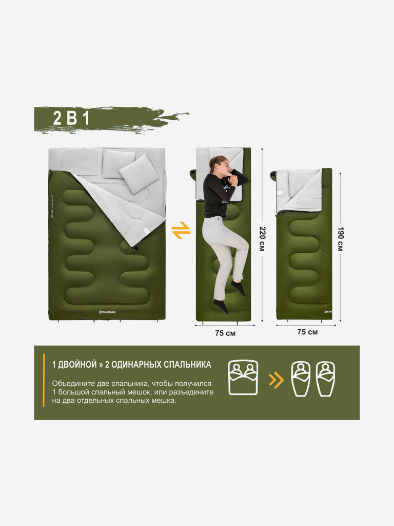 Cпальный мешок KingCamp 3143 OXYGEN 250D -3C 220x150, оливковый