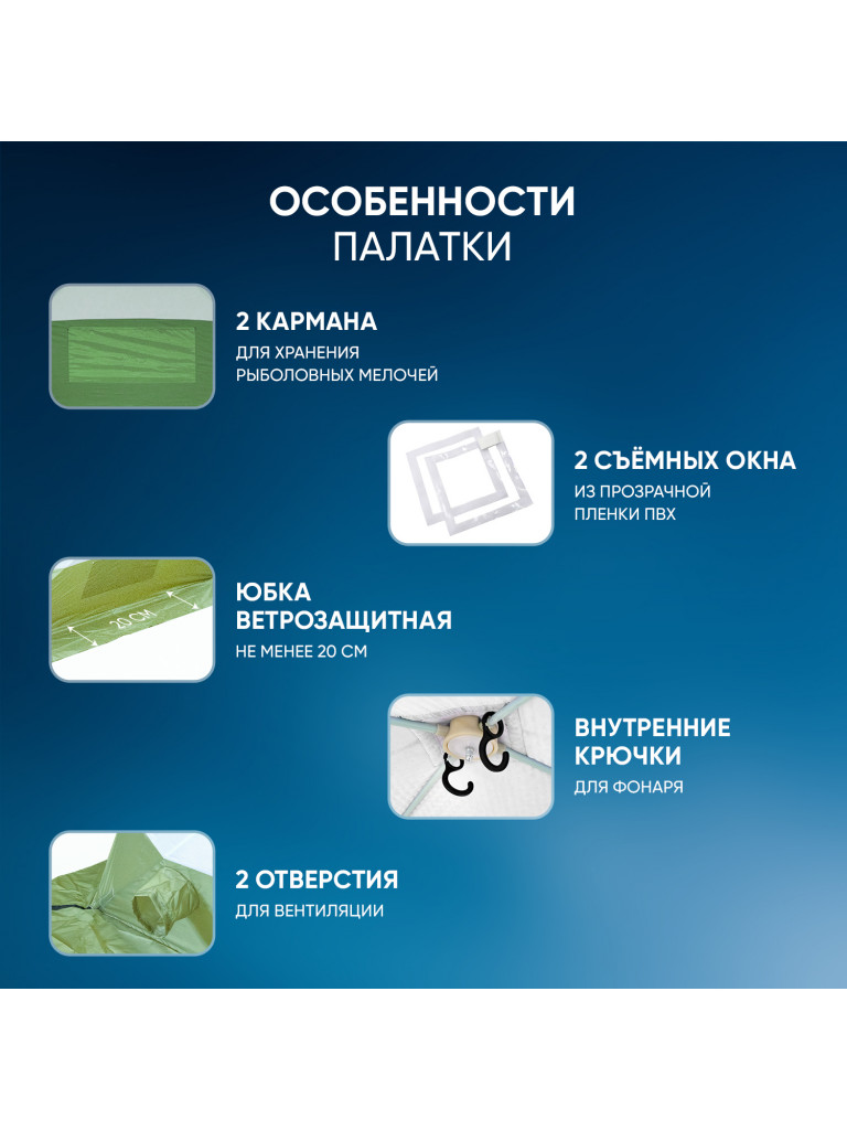 Палатка зимняя куб Следопыт 2,1 х2,1 м, Oxford 210D PU 1000, S по полу 4,4 кв.м, цвет оливковый, белый.