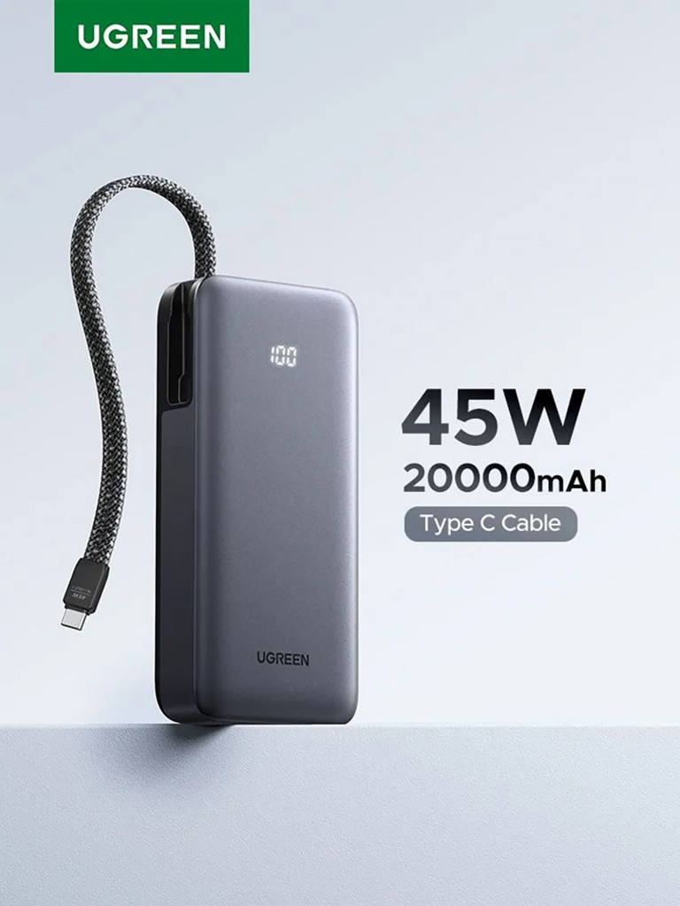 Внешний аккумулятор со встроенным кабелем UGREEN PB536 (55988B) 45W Power Bank 20000mAh with Built-in Cable