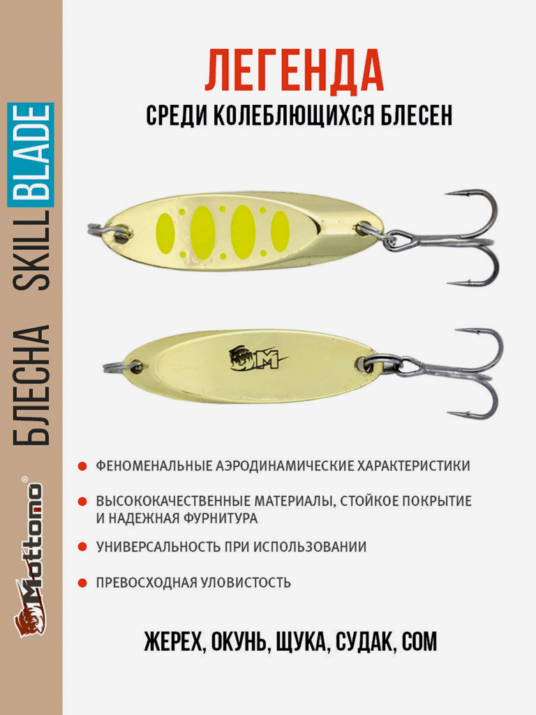 Блесна колеблющаяся для рыбалки Mottomo Skill Blade 28g Gold 12 . Колебалка на жереха, щуку, окуня, голавля, форель