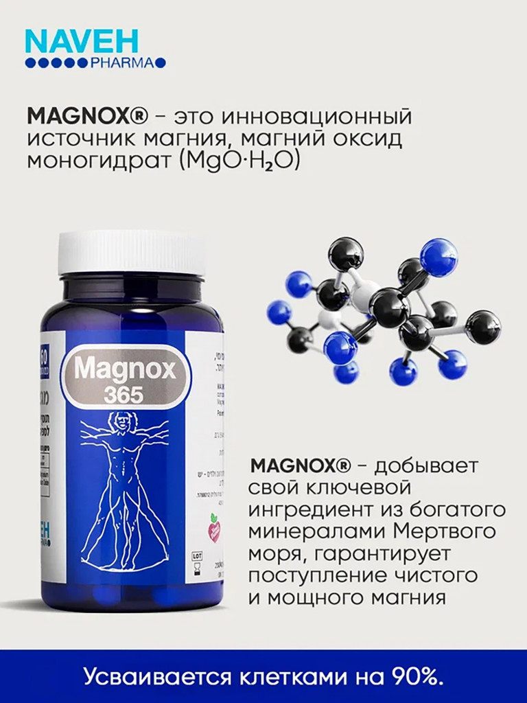 Магний для взрослых MAGNOX 365 мг, для восполнения дефицита, 60 капсул
