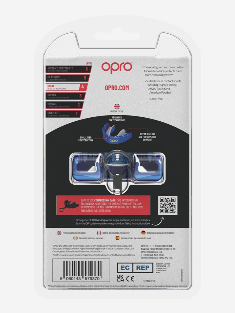 Боксерская капа для брекетов взрослая, спортивная, защитная для зубов OPRO Self-Fit Gold Braces - Blue/Pearl