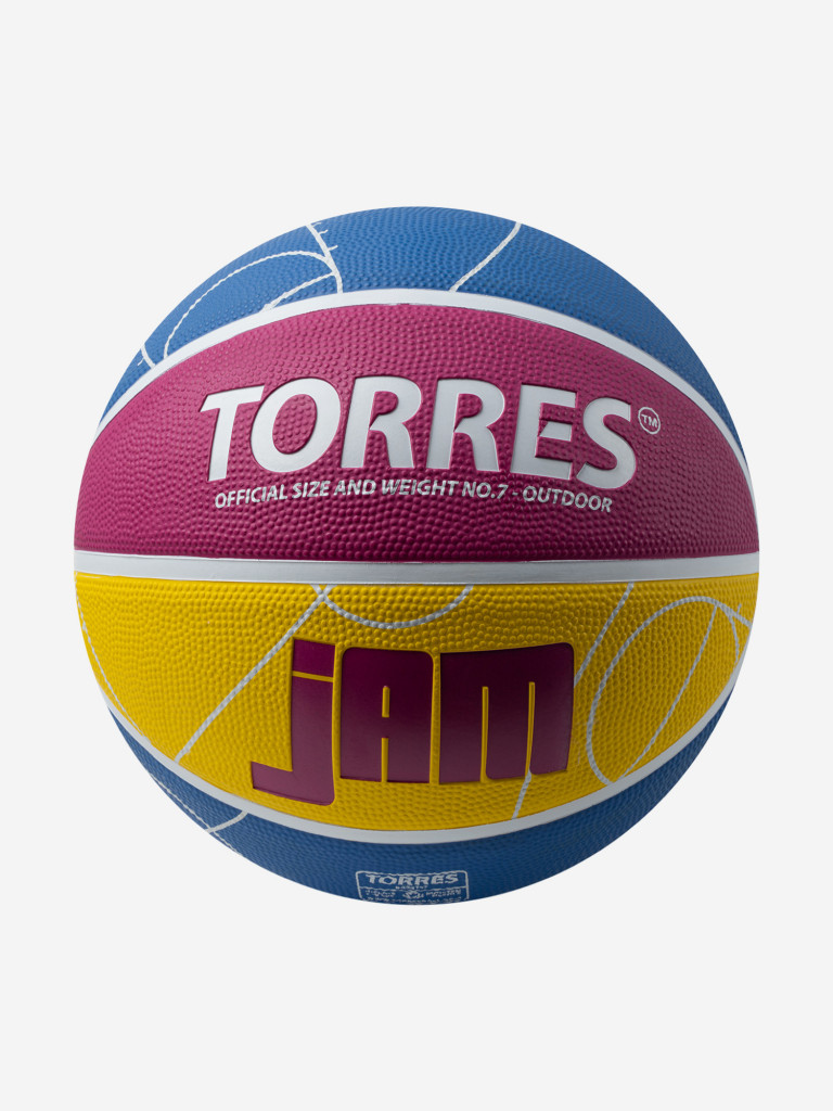 Мяч баскетбольный TORRES Jam, B023127, р.7, резина, нейлон. корд, бут. кам., син-желто-малиновый