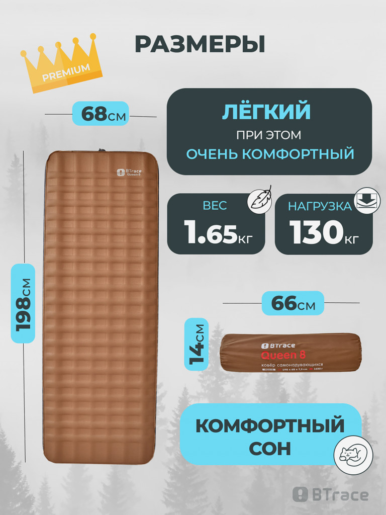 Ковер самонадувающийся BTrace Queen 8, 198х68х7,5 см, Коричневый