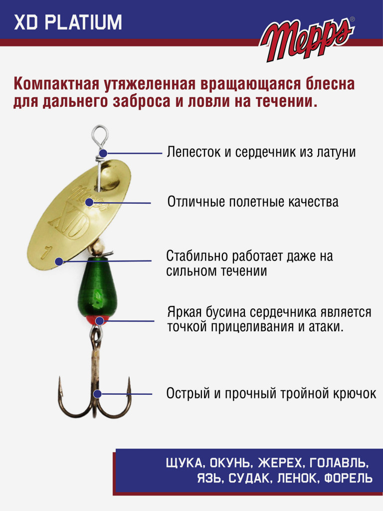 Блесна вращающаяся для рыбалки Mepps XD PLATIUM №1 на щуку, окуня