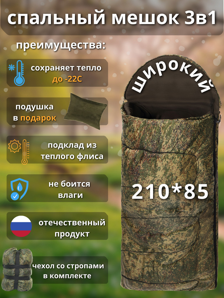 Спальный мешок туристический зимний ПРАГМАТ -20 С, цифра, правая молния