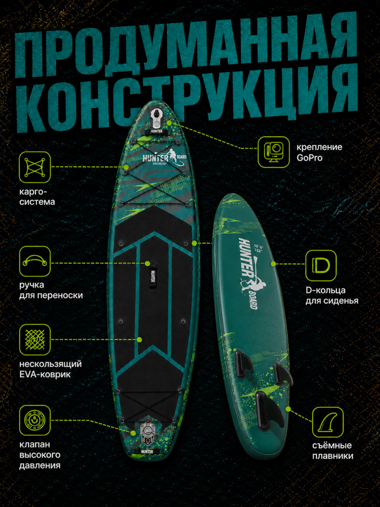Sup-доска Hunterboard ACTIVE 10,6', 320х81х15 см, Green
