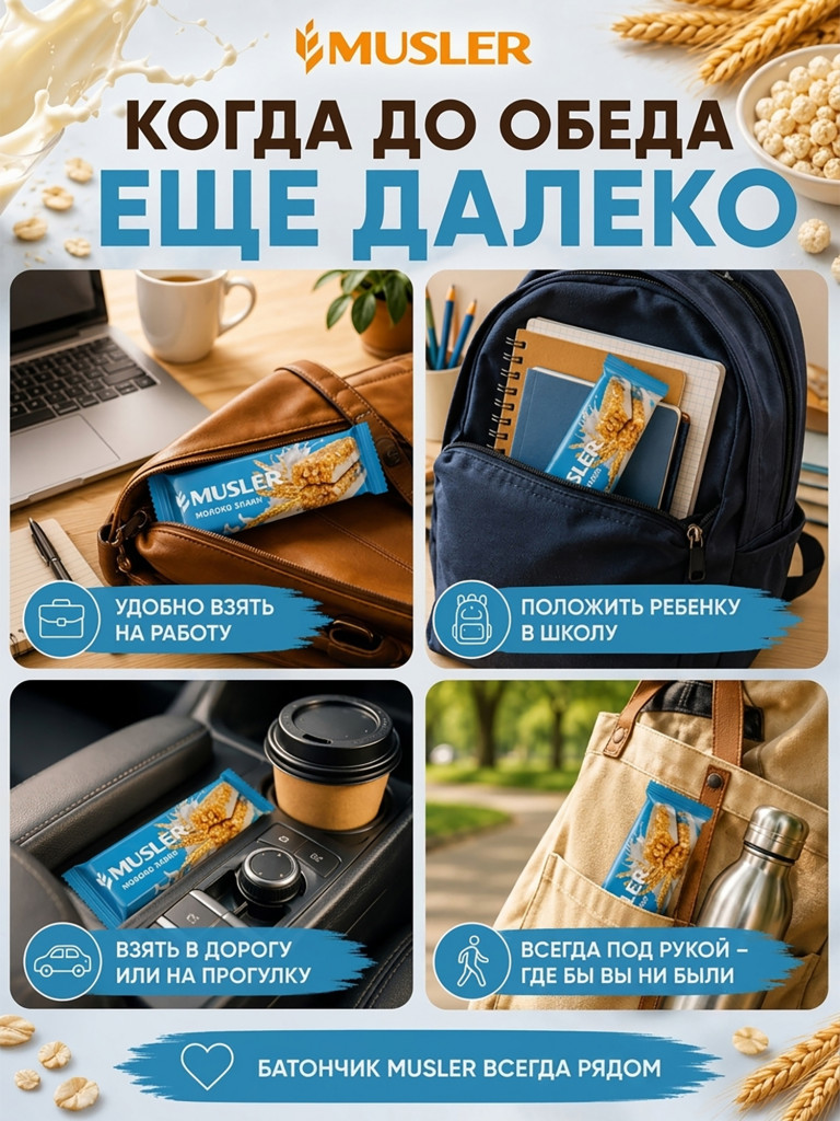 Батончики мюсли детские MUSLER Молоко и злаки, 25 шт