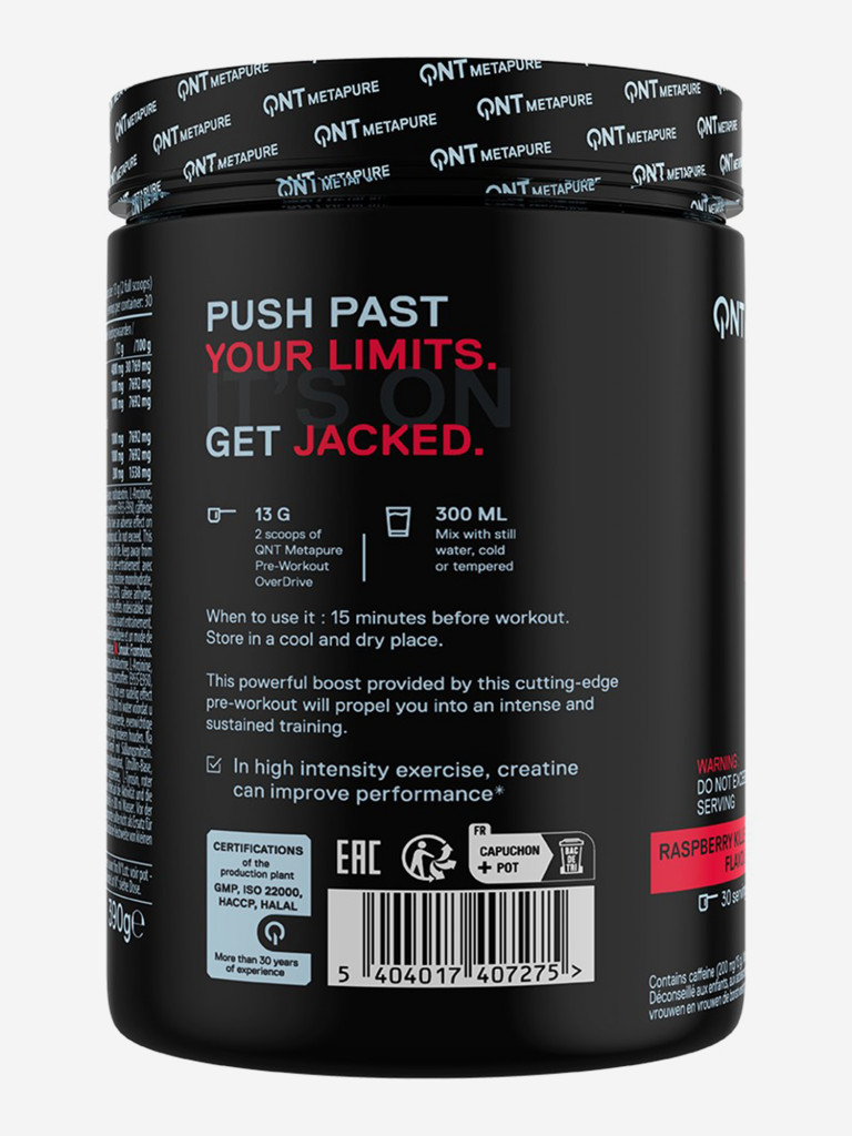 Предтренировочный комплекс, Креатин, Бета Аланин, QNT Metapure Pre-Workout Overdrive 390г, Малина.