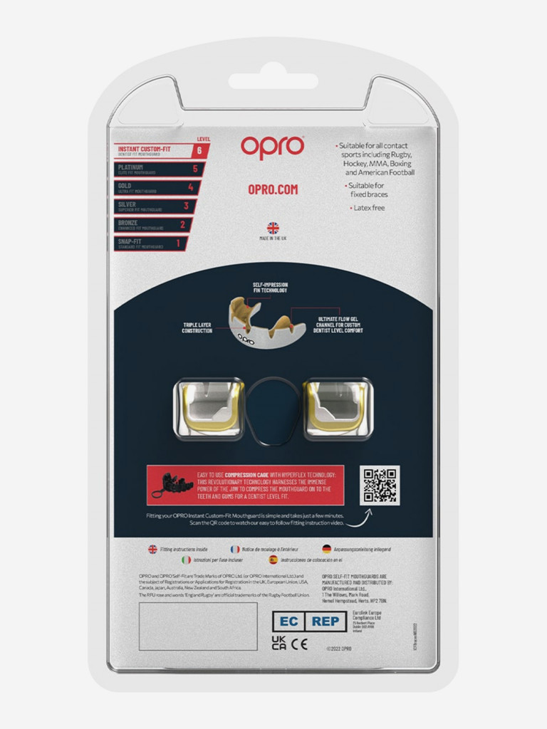 Боксерская капа для брекетов взрослая, спортивная, защитная для зубов OPRO Instant Custom-Fit Braces - Gold/White