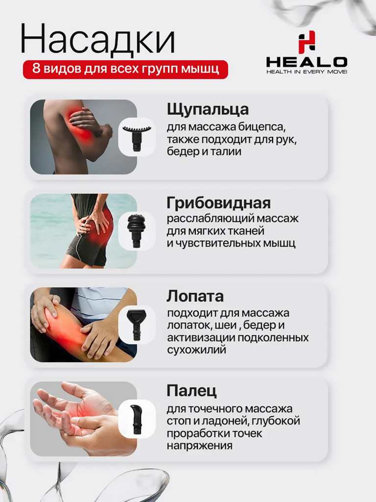 Массажер перкуссионный для тела HEALO,до 3600 ударов в минуту, 4 режима, от 3 до 32 скоростей