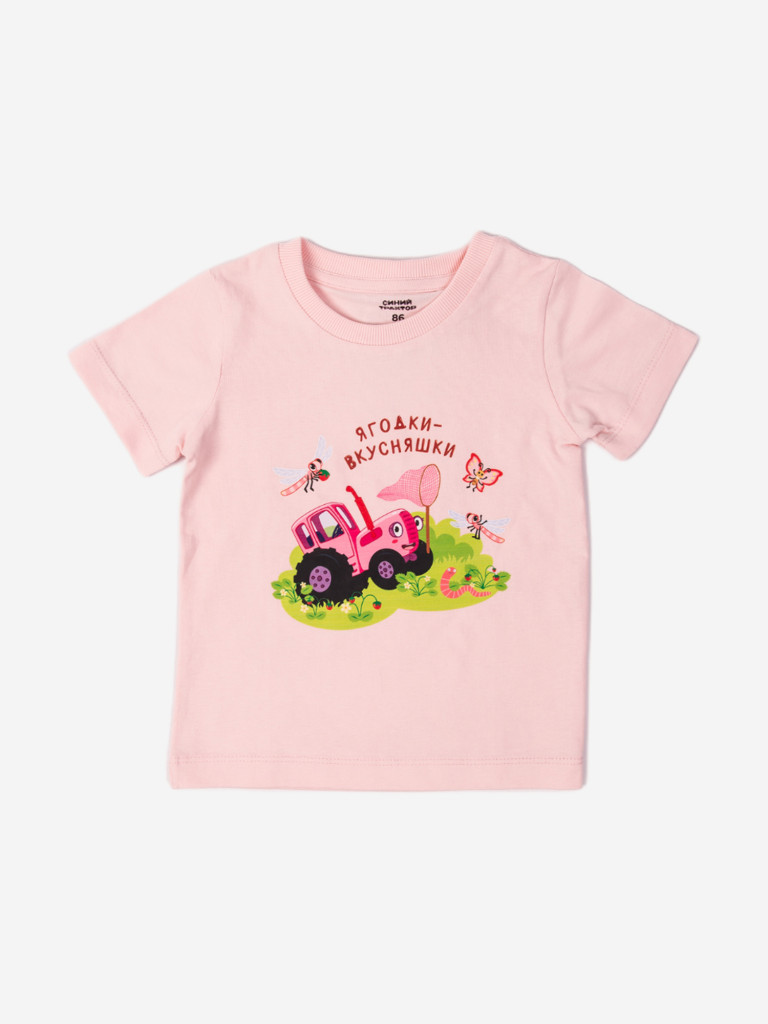 Футболка для девочек Racoongo Синий трактор, розовый