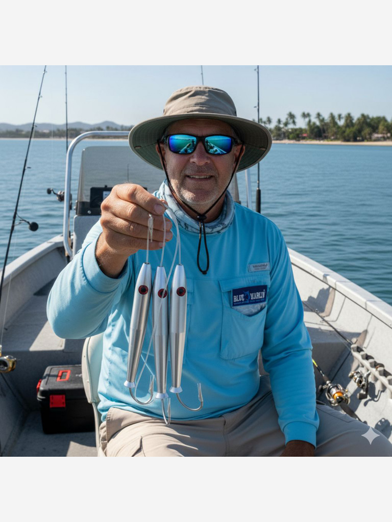 Приманка Blue Marlin Super Tuna 3 x 150 мм 285 г, стая кальмаров из трех штук с крючками Mustad Big Game на супер леске 1.80 мм