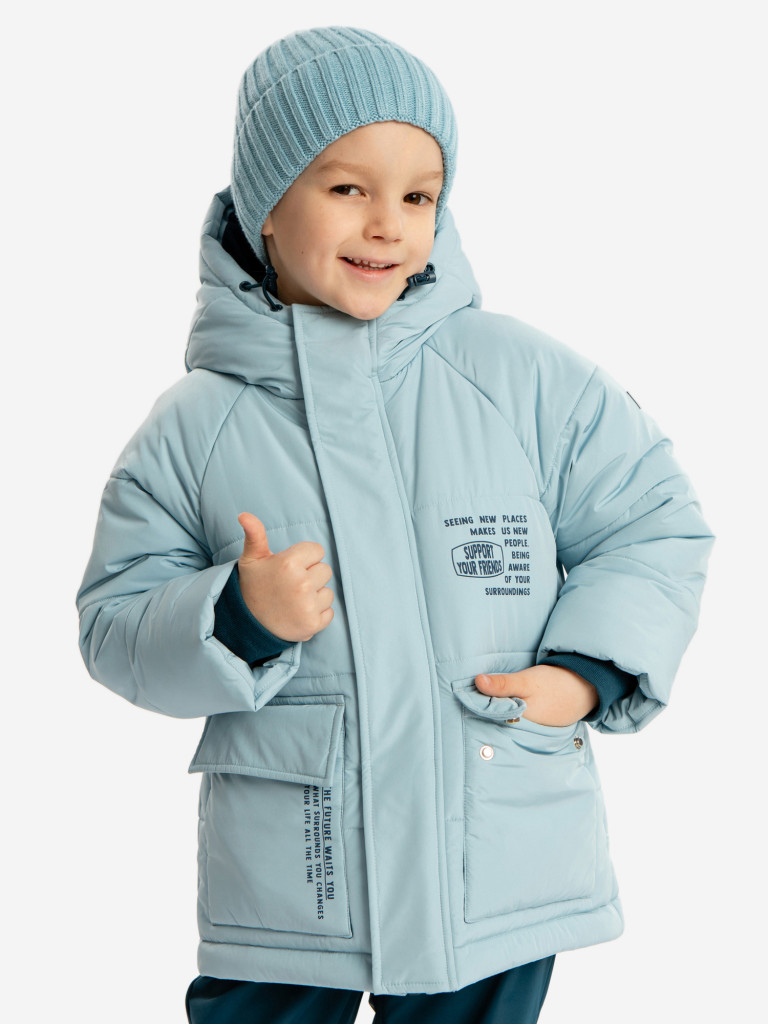 Куртка зимняя водоотталкивающая с капюшоном и манжетами голубая для мальчика Button Blue