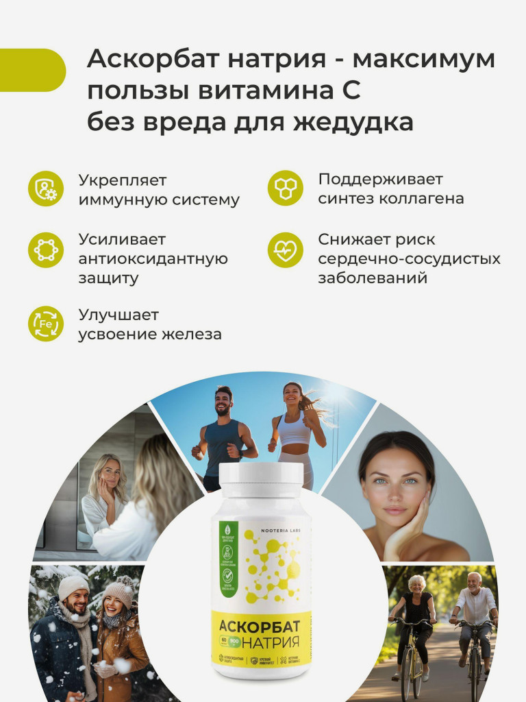 Аскорбат натрия (Витамин С – 900мг) Nooteria Labs, для иммунитета 60 капсул