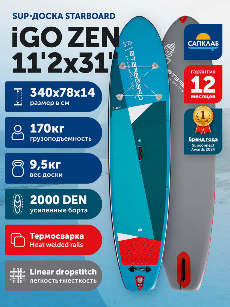 Сапборд Starboard iGO Zen Sс 11.2х31+"х+5.5", 340x79x14 см, надувной двухслойный