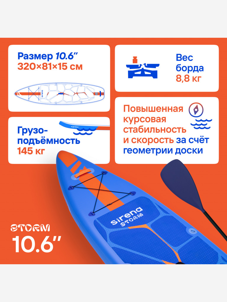 Надувная SUP-доска SIRENA STORM 10.6, 320*81*15см, двухслойная, с веслом-каяк, двухфазным насосом и страховочным лишем