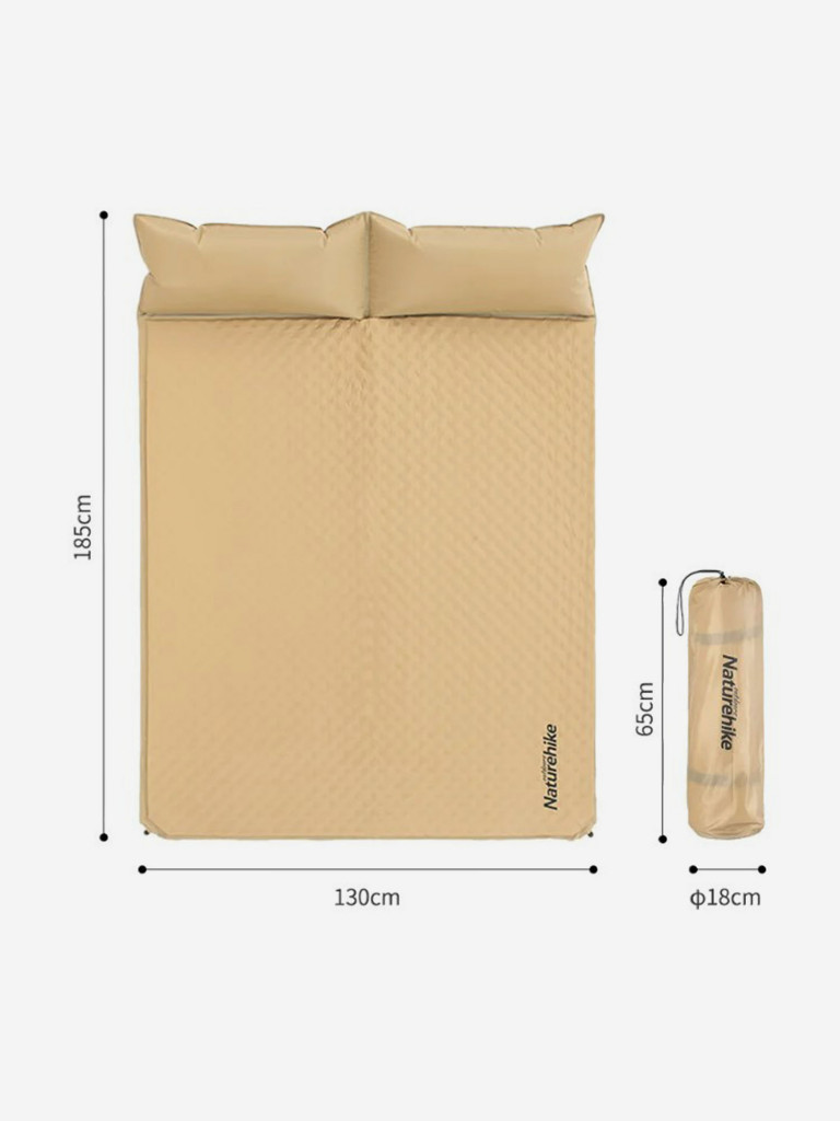 Коврик самонадувающийся Naturehike двойной, с подушками, 185х130х2,5 см, песочный