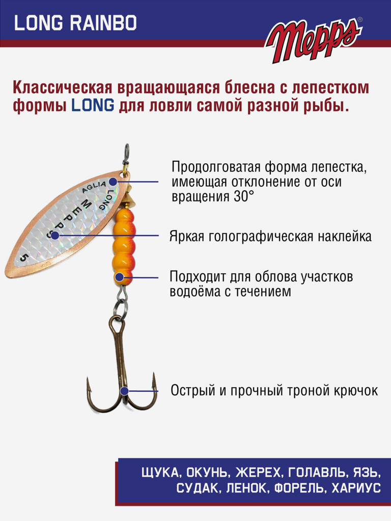Блесна вращающаяся для рыбалки Mepps LONG RAINBO на щуку, окуня
