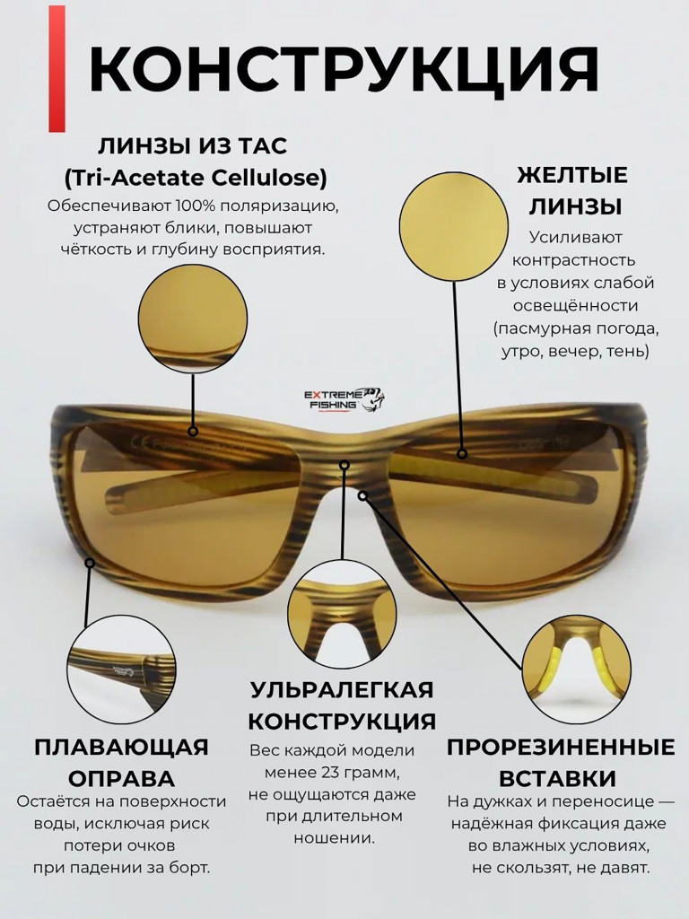 Очки солнцезащитные поляризационные Extreme Fishing Obsession OBS-163, линзы желтые, для рыбалки и вождения