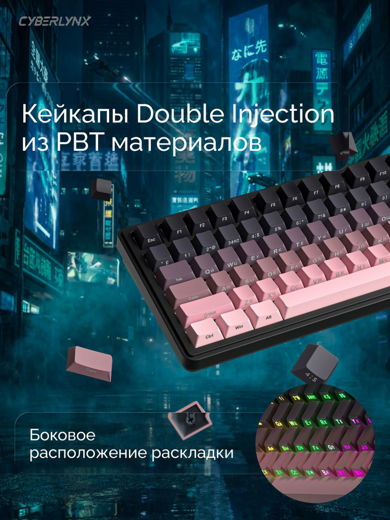 Игровая беспроводная клавиатура CYBERLYNX RX75 Pro Градиент черный розовый Glow Blue switch