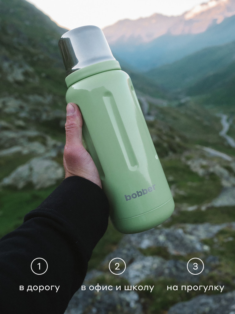Термос вакуумный для напитков BOBBER Flask 1 литр пробка с наливными каналами, тепло до 48 часов, мятный