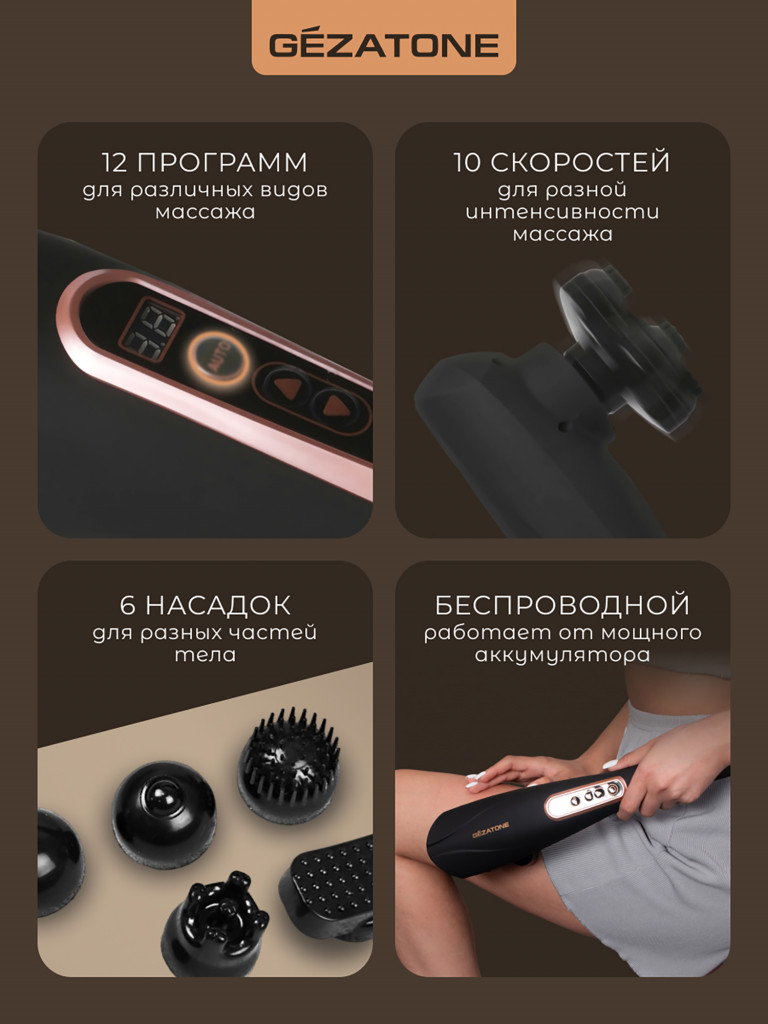 Массажер для тела Gezatone AMG127 NEO с 6-ю насадками, беспроводной